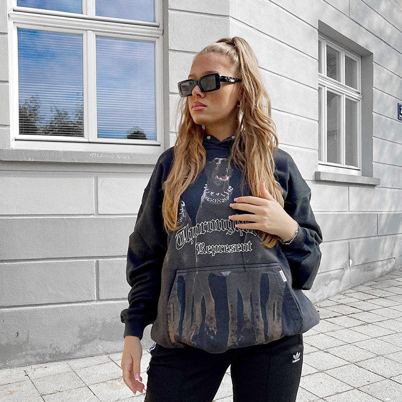 Present Thoroughbred Doberman Dog Print Hoodie Vintage Printed Washed Distressed Hoodie