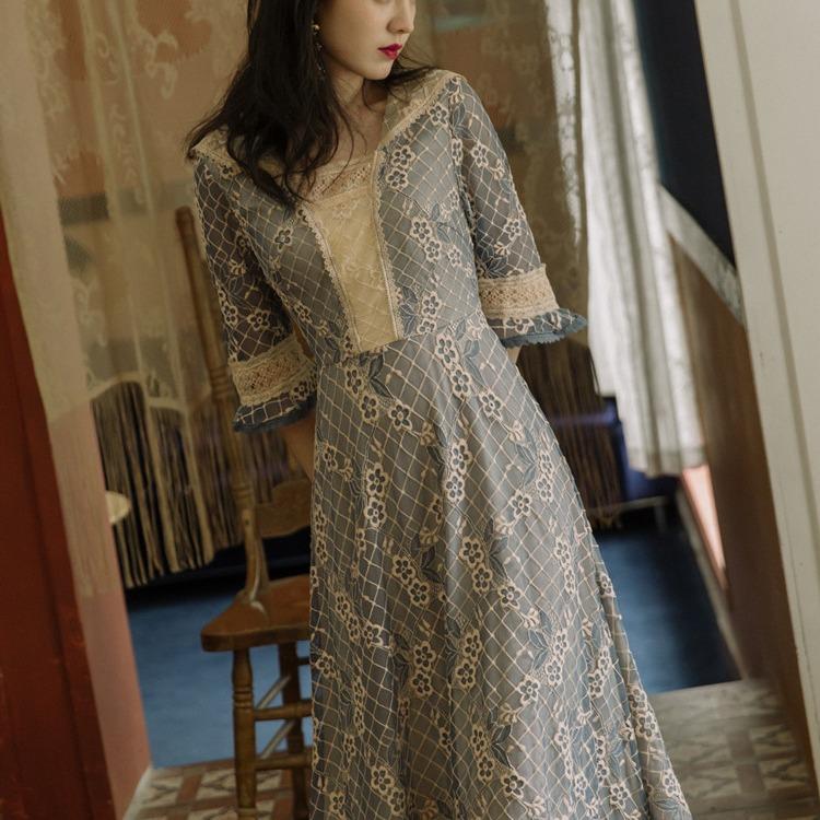Women Retro Cottagecore Vintage Dress Square Collar Dres Vintage Embroidered Summer Short Sleeve Slimming Square Collar Dress