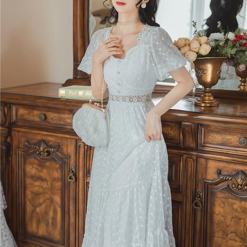 Women Cottagecore Dress Amoi Lace Hollow out Fairy Dress White Dress Square Collar