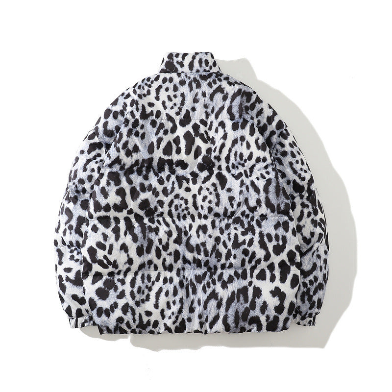 Mens Fall Outfits Leopard Print Full Printed Thickened Cotton Padded Coat High Street Loose Bread Jacket Men's Coat