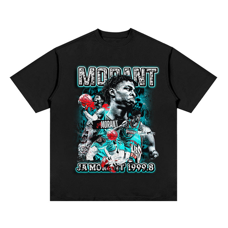 JA Morant Shirt JA Morant Printed Short Sleeve Vintage Loose Sports Heavy Weight