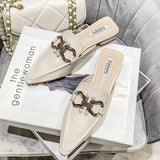 Finn Chain Pointed Toe Mule Beige Square Toe Muller Shoes Closed Toe Half Slippers Women's Shoes Thick Heel Outer Mary Jane Sandals