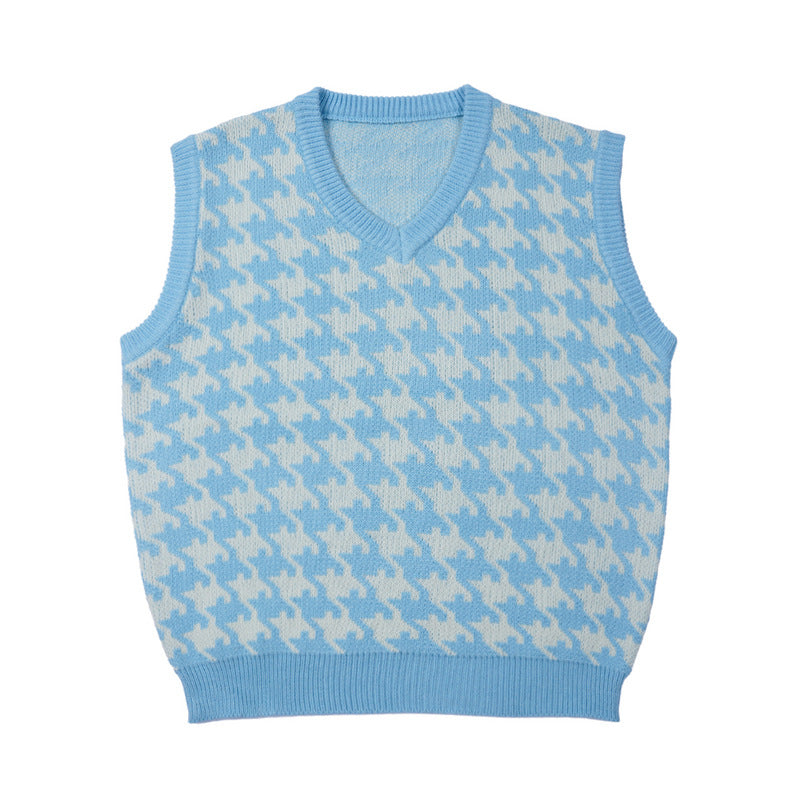 Mens Fall Outfits Vintage Plaid Knitted Vest Man Loose Couple Pullover Sleeveless Sweater