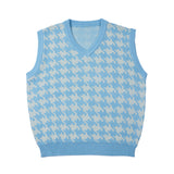 Mens Fall Outfits Vintage Plaid Knitted Vest Man Loose Couple Pullover Sleeveless Sweater