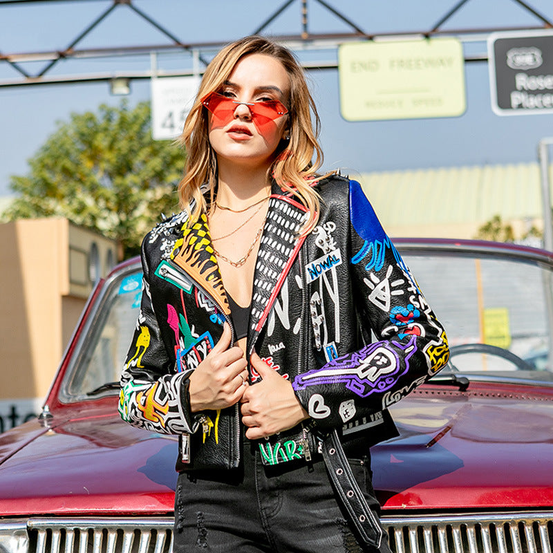 Punk Rock Jacket Pu Jacket Motorcycle Clothing Leather Coat for Women