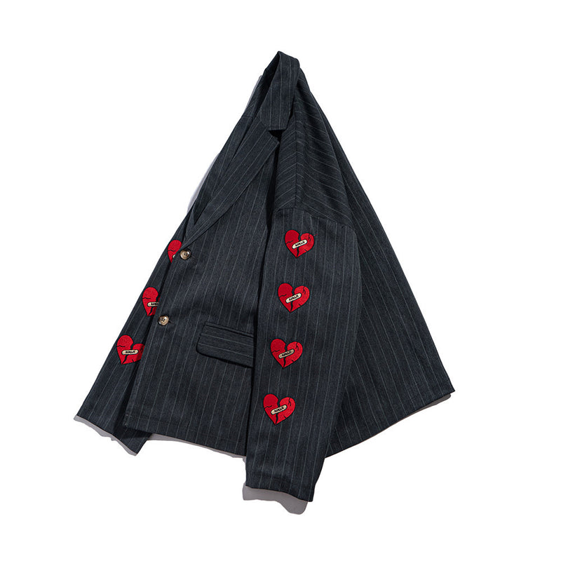 Men's Casual Suit Man Blzer Embroidery Love Vertical Stripes Leisure Suit Men's Loose Lapels Blazer