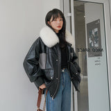 Cute Leather Jacket Parka Cotton-Padded Coat Women's Winter Small Rabbit Fur Liner Fleece Plaid Patchwork Cotton-Padded Jacket Coat