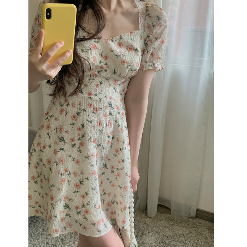 Aesthetic Dress Spring/Summer Gentle Floral Skirt Elegant Dress Women's Square Collar High Waist