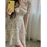 Aesthetic Dress Spring/Summer Gentle Floral Skirt Elegant Dress Women's Square Collar High Waist