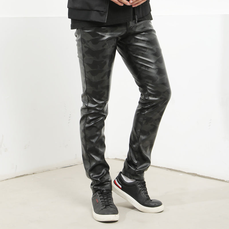 Mens Leather Pants Camouflage Young And Middle-Aged Leather Pants Men 'S Stretch Slim PU Leather Pants
