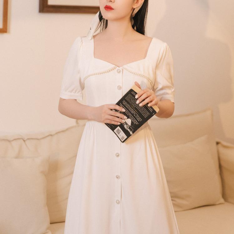 Women's Cottagecore Dress Design Sense Square Collar Single Breasted Gentle Dress Women's Hepburn Style Skirt