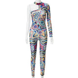 Tie-Dyed Printed Irregular One-Shoulder Long Sleeve Sexy Tight Trousers Jumpsuit