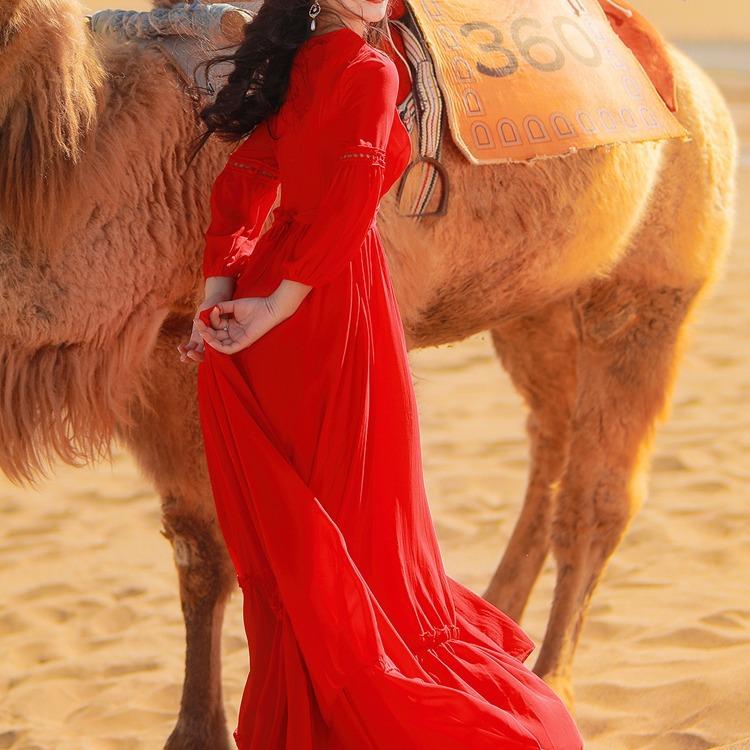 Women Cottagecore Dress Bright Red Dress Travel Clothes