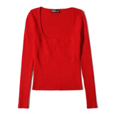 Women Fall Fall Fall Six-Color Square Collar Patchwork Knitting Top Slim Fit Short Sweater