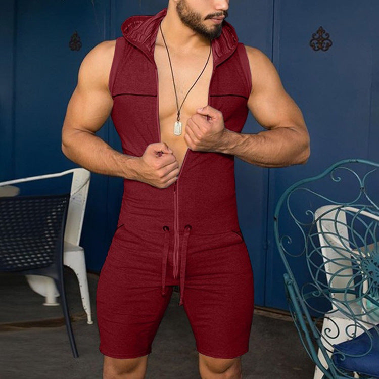 Rave Outfits Men Shorts 2 Piece Set Hooded Outer Wear Sexy Jumpsuit Casual Sports