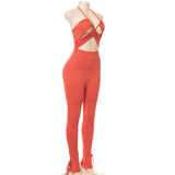 Summer Solid Color Sleeveless Drawstring Strap Backless Slim Fit Trousers Jumpsuit