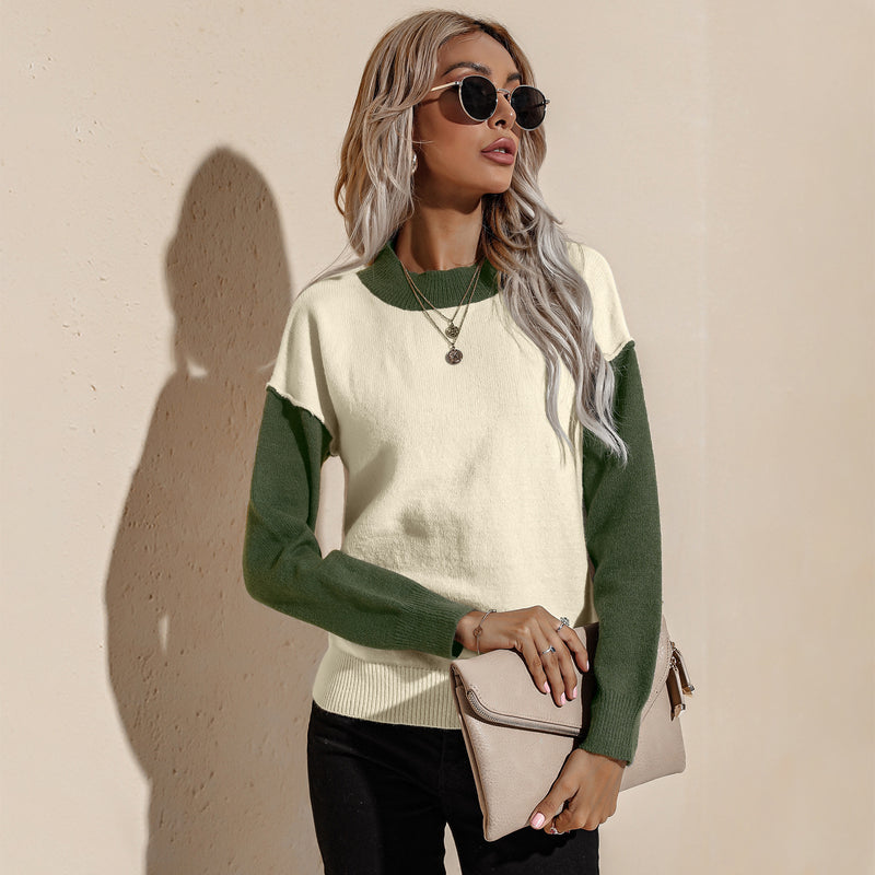 Women Fall Outfits Autumn and Winter Contrast Color Outer Wear Loose Long Sleeve Pullover Knitted Sweater Women