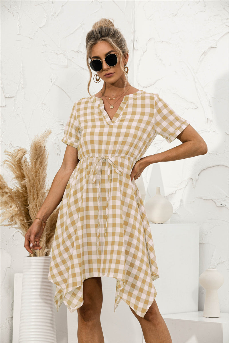 Gingham Dress Spring/Summer V-neck Plaid Irregular Dress