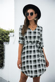 Gingham Dress Autumn and Winter Plaid Shirt Lace-up V-neck Long-Sleeve Dress