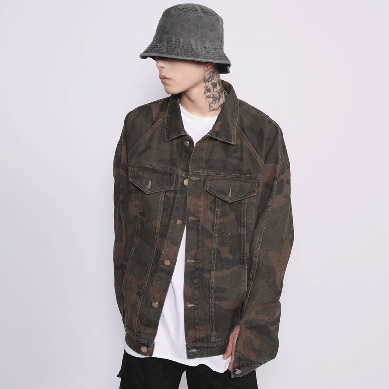 Men Denim Coat Jean Jackets Tooling Style Camouflage Denim Jacket Men's Loose Lapels Jacket Autumn Denim Coat