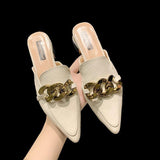 Finn Chain Pointed Toe Mule Spring and Autumn Lazy Pump Half Slippers Women's Outer Wear Chunky Heel All-Matching Low Heel Slippers Mules Shoes