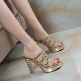 Nude Block Heel Peep Toe High Heel Mesh Sandals