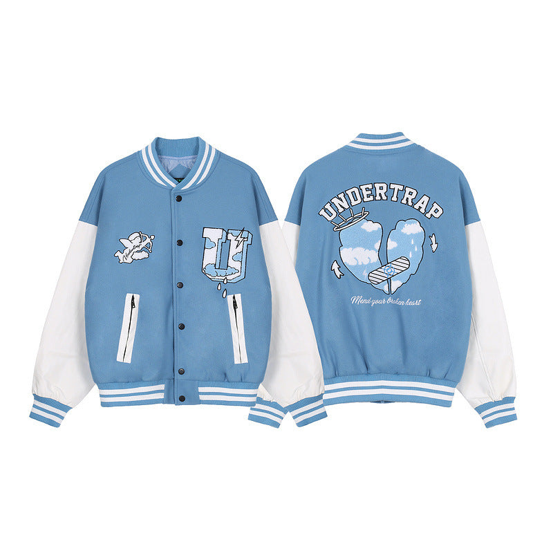 Mens Fall Outfits Flocking Baseball Uniform Jacket Men and Women University Style Loose Street PU Leather Stitching Jacket