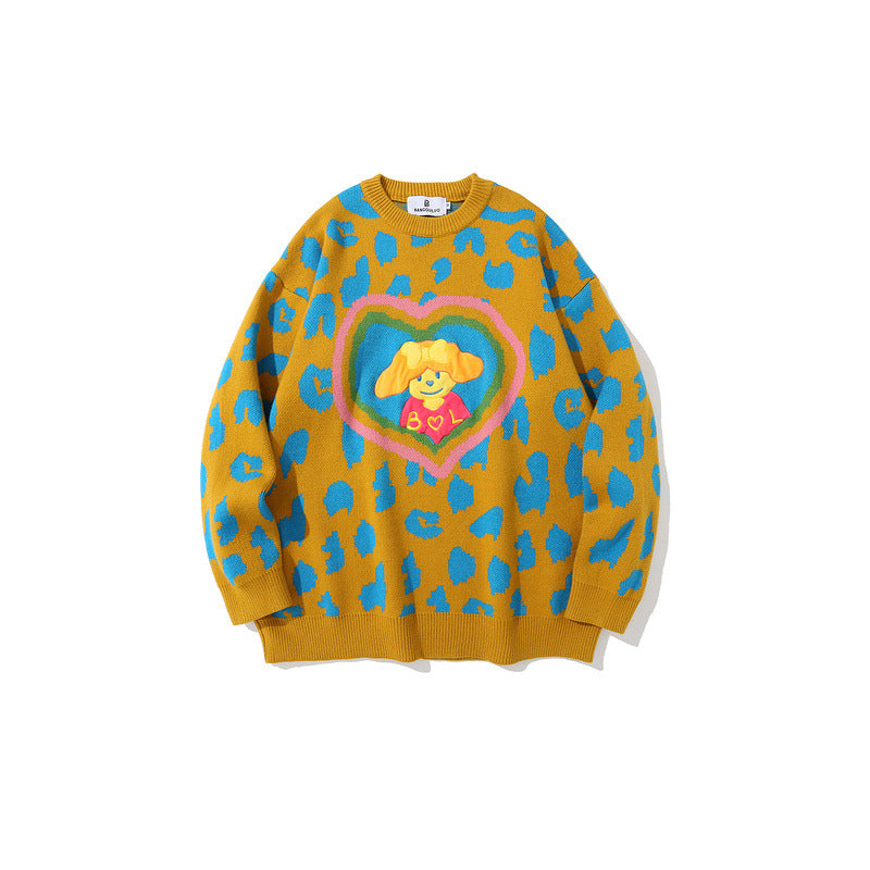Mens Fall Outfits Vintage Color Matching Animal Jacquard round Neck Sweater Men's Loose Couple Casual Sweater
