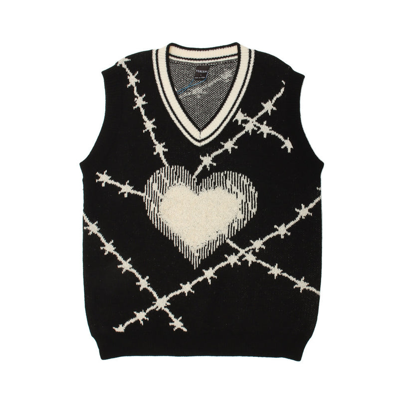 Men Sweater Vest Heart Jacquard Sleeveless Sweater Vest Men's Idle Style Loose V-neck Sweater Vest Coat