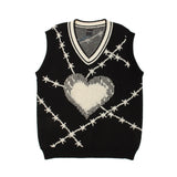 Men Sweater Vest Heart Jacquard Sleeveless Sweater Vest Men's Idle Style Loose V-neck Sweater Vest Coat