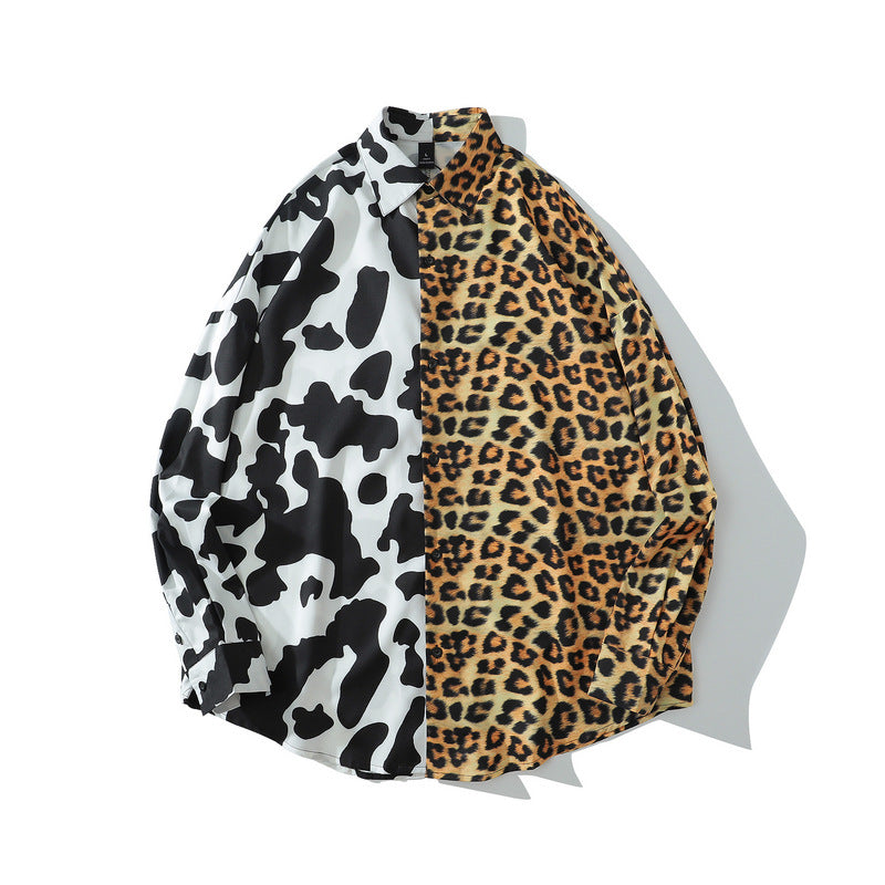 Mens Fall Outfits I High Street Cow Leopard Splicing Long Sleeve Shirt Men's Loose Couple Coat
