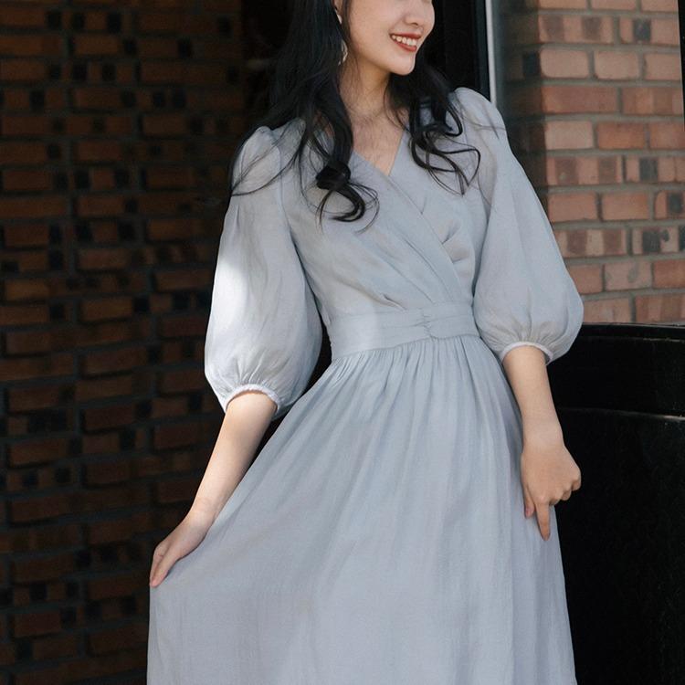 Women Retro Cottagecore Vintage Dress Spring Retro V-neck Niche Short Sleeve Gentle Waist Slimming Large Swing Long Dress