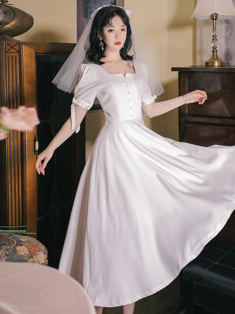 Women Cottagecore Dress Slim White Dress Hepburn Summer French Dress Light Wedding Dress