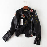 Women PU Leather Jacket Biker Motorcycle Coat Sleeve Zipper Rivet Embroidery PU Leather Motorcycle Clothing Short Coat