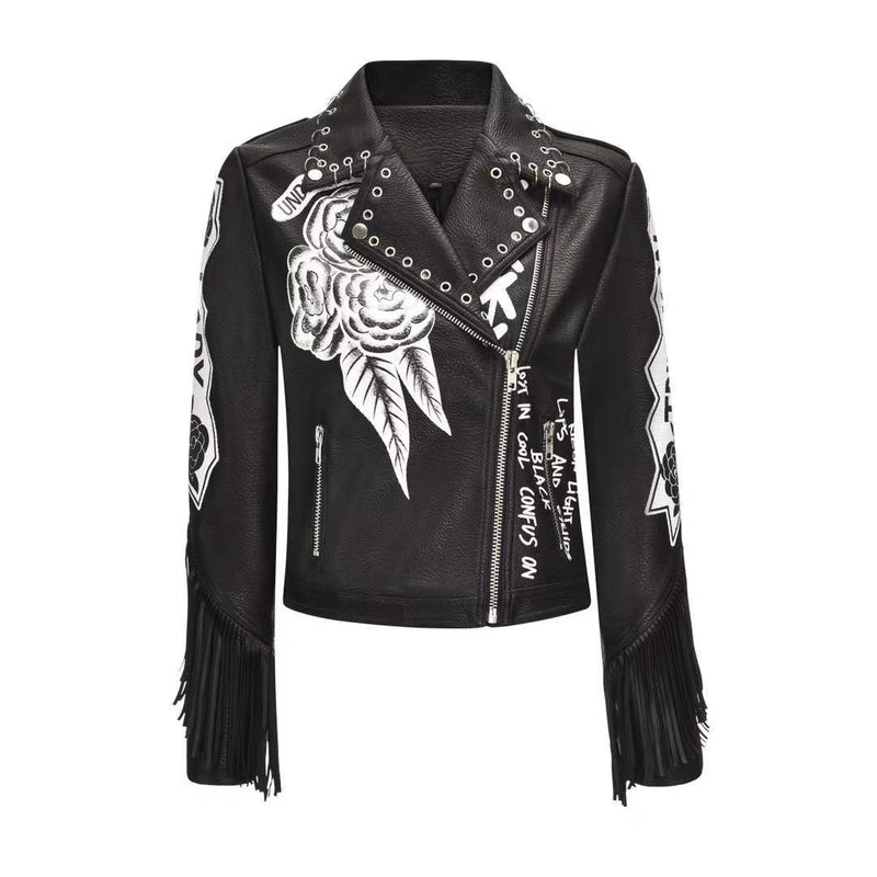 Punk Rock Jacket Graffiti Rivet Print Short Motorcycle Leather Coat