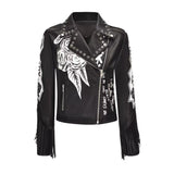 Punk Rock Jacket Graffiti Rivet Print Short Motorcycle Leather Coat