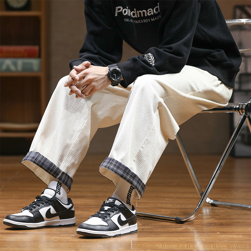 Mens Corduroy Pants Autumn and Winter Straight Loose Trousers Vintage Curling Wide Leg Men's Casual Pants