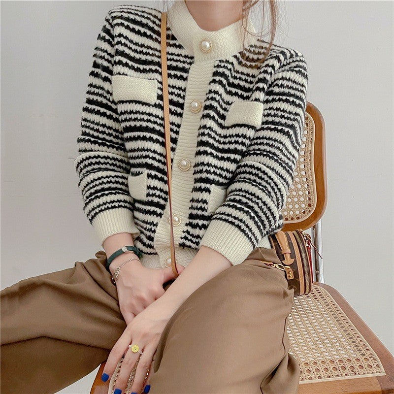 Preppy Aesthetic Sweater Spring and Autumn Knitted Cardigan Women Vintage Stripe