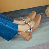 Nude Block Heels Closed Toe Female Spring Shoes Sheep Pattern Metal Chain