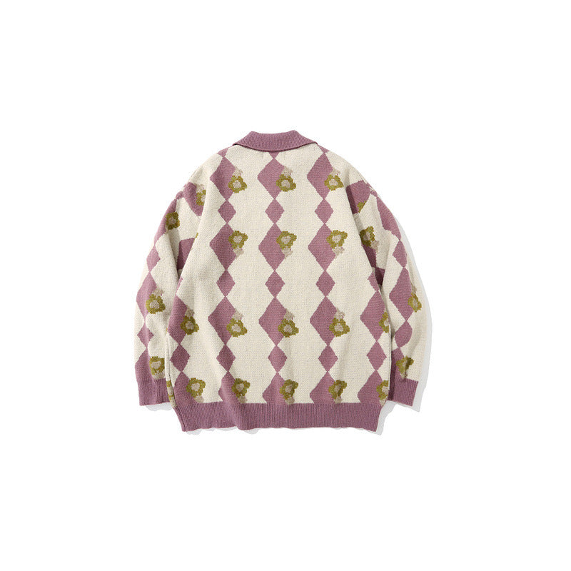Mens Fall Outfits Couple Sweater Autumn and Winter Floral Rhombus Plaid Contrast Color Lapels Pullover Knitting Coat