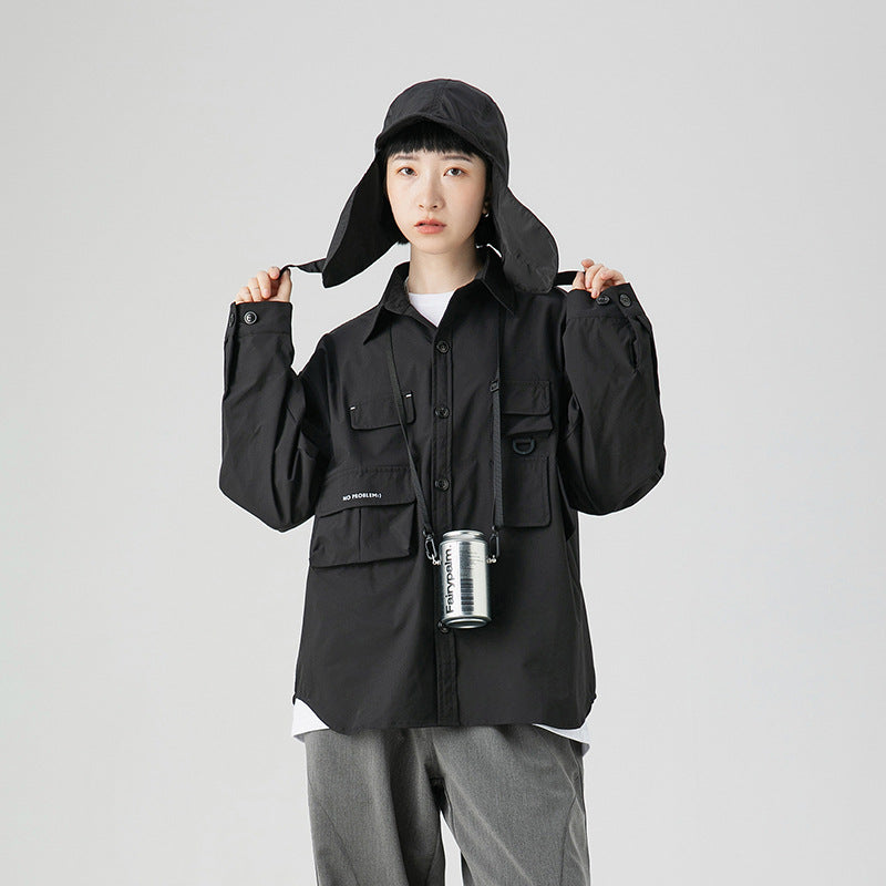 White Varsity Jacket Autumn Mechanical Style Multi-Pocket Long Sleeve Shirt Men's Leisure Shirt Men's Shirt Overalls