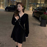 Aesthetic Dress Vintage Velvet Black Dress Women's Autumn Dress Coat