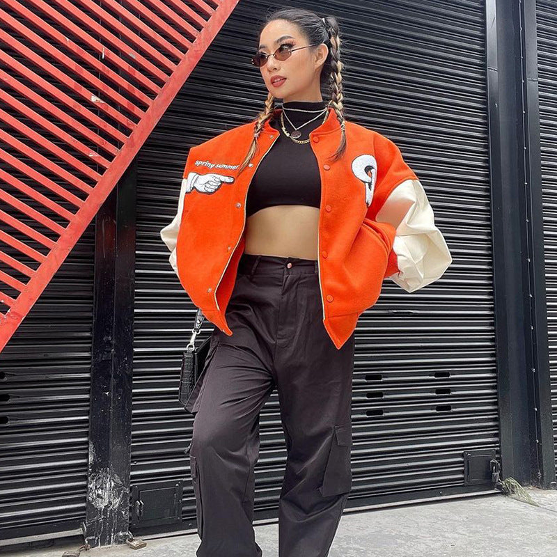 Brown Cropped Varsity Jacket Da 5744b Autumn and Winter Letter Printing Loose Baseball Uniform