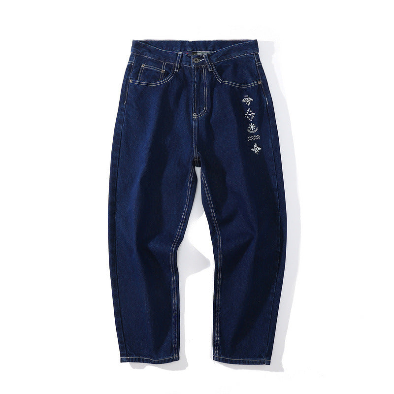 Mens Fall Outfits Denim Primary Color Heavy Jeans Autumn Straight Embroidered Trousers Men