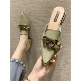 Finn Chain Pointed Toe Mule Spring and Autumn Lazy Pump Half Slippers Women's Outer Wear Chunky Heel All-Matching Low Heel Slippers Mules Shoes
