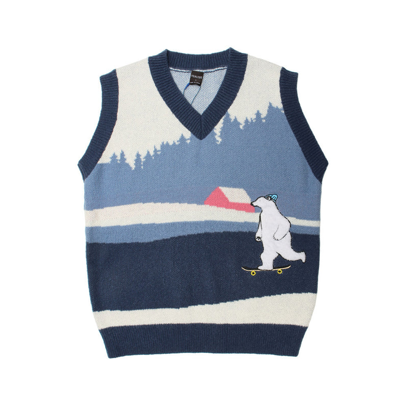Men Sweater Vest Polar Bear Embroidery Color Matching Sweater Vest Men's Loose V-neck Sleeveless Vest Coat