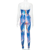Summer Wrapped Chest Tie-Dyed Printed Hollow Lace-up Hip-Lifting Jumpsuit