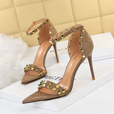 Nude Block Heel Peep Toe Vintage Summer High Heels Stiletto Sandals