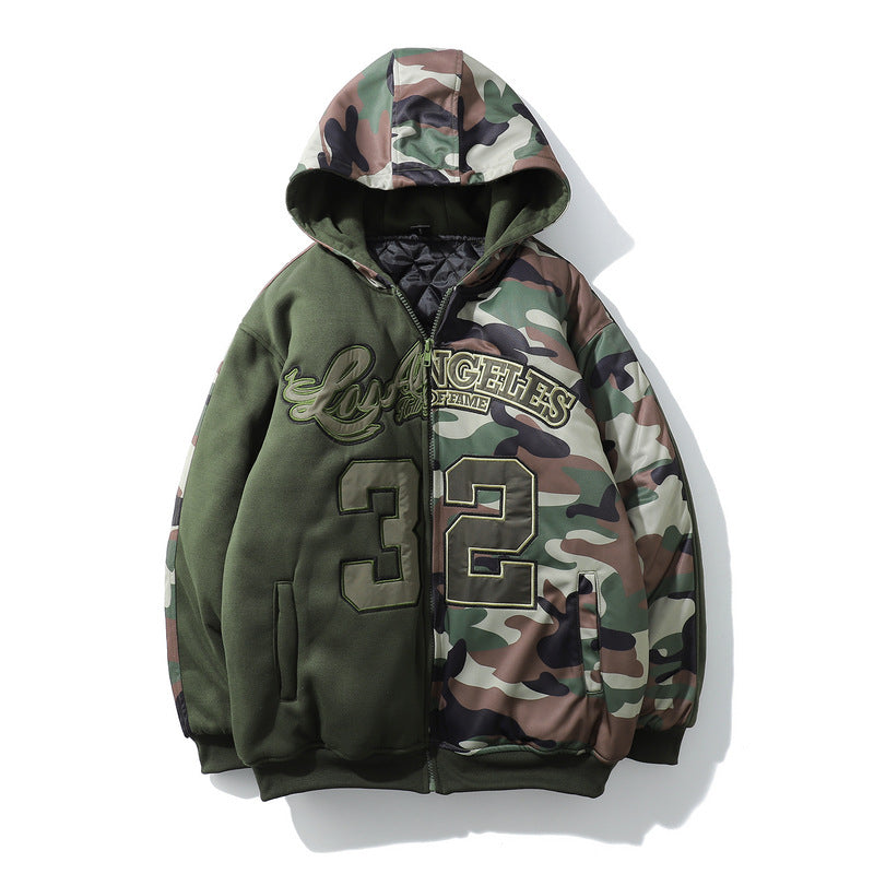 Mens Fall Outfits Vintage Camouflage Letters Affixed Cloth Embroidered Baseball Jacket High Street Hooded Quilted Warm Coat