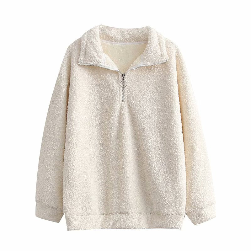 Women Fall Outfits Autumn and Winter Lamb Wool Fleece Zipper Decorative Top Loose Lapels Sweater